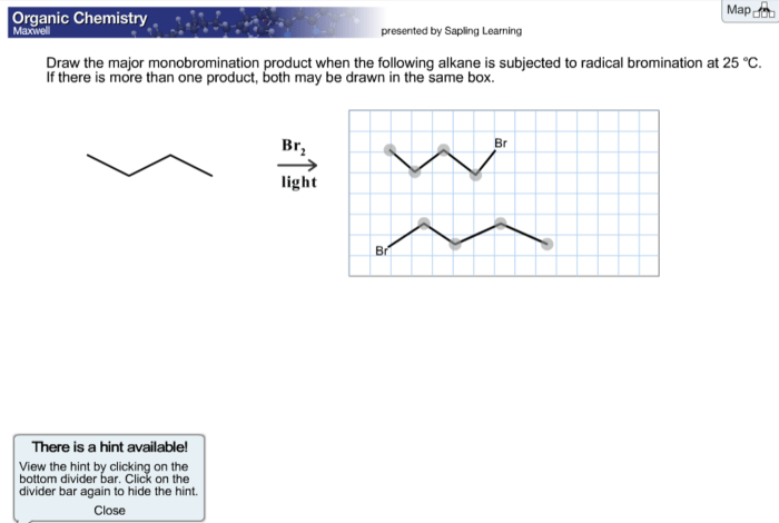 Bromination major radical when draw alkane subjected following butane bromine study light